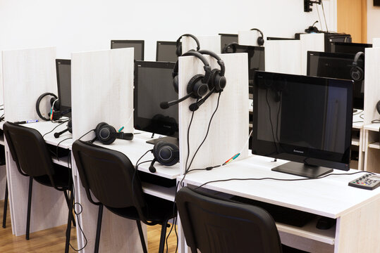Lublin, Poland. 25 October 2022. Modern computer phonetic lab with computers, headphones and microphones for learning languages
