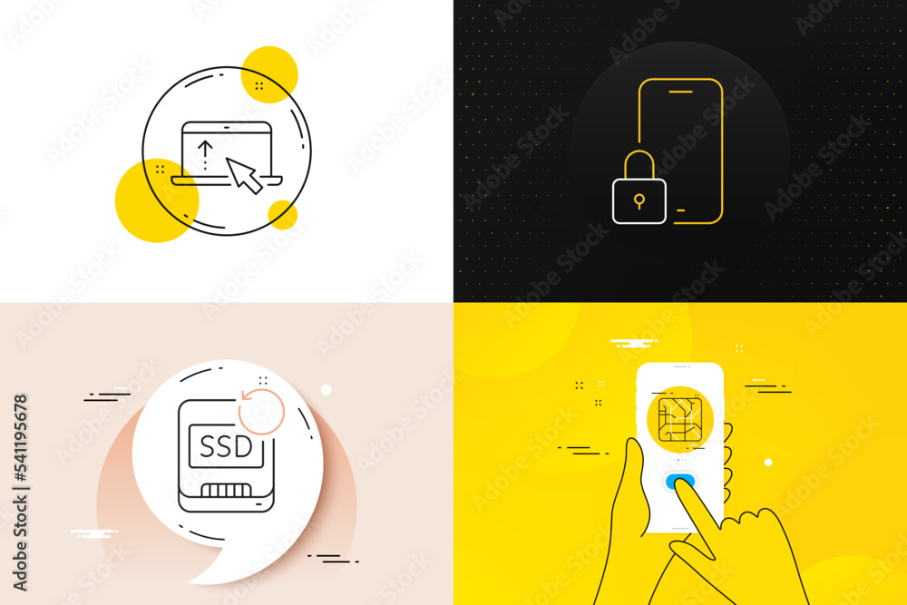 Poster minimal set of swipe up, lock and recovery ssd line icons. phone screen, quote banners. metro map ic