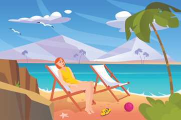 Concept Summer with people scene in the background cartoon design. Girl rest on the beach near the sea and mountains. Vector illustration.