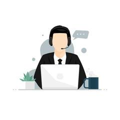 Call center in uniform suit working on laptop, Digital marketing illustration.
