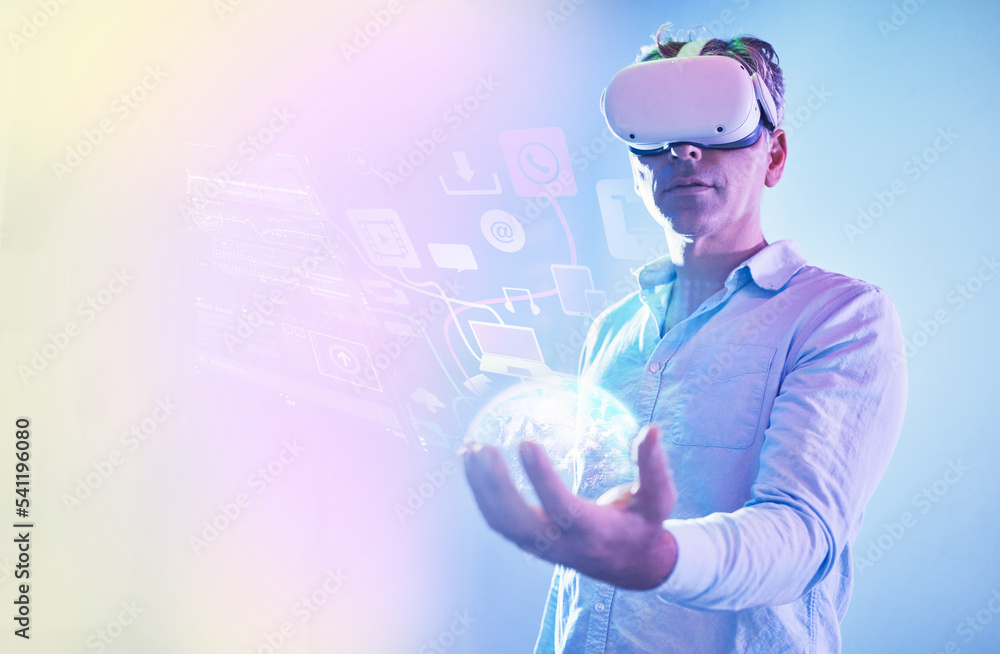 Leinwandbilder vr, man and global media, networking and metaverse data, world digital transformation or futuristic 