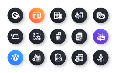 Accounting icons. Report, Calculator and Checklist. Money classic icon set. Circle web buttons. Vector
