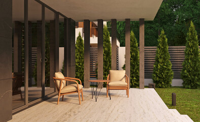 3D visualization of a modern house with a terrace and panoramic windows. Modern architecture.