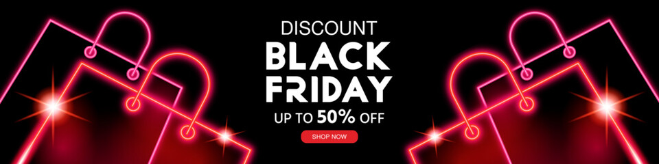 Black Friday sale discount banner. Modern glowing background with abstract neon shapes of gift bag icon in neon style. Final sale up to 50% off. Neon style. Banner, poster vector illustration.