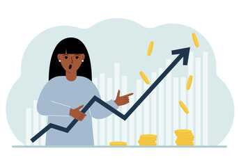 The woman is holding an arrow pointing up. The concept of growth in business, company promotion or business income growth.