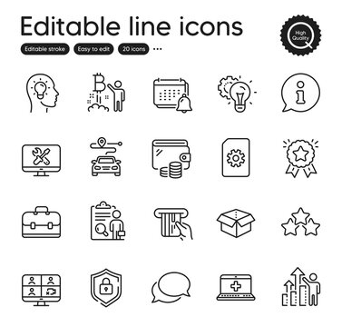 Set of Technology outline icons. Contains icons as Idea gear, Portfolio and Messenger elements. Ranking stars, Ranking star, Repair web signs. Inspect, Bitcoin project. Outline idea gear icon. Vector