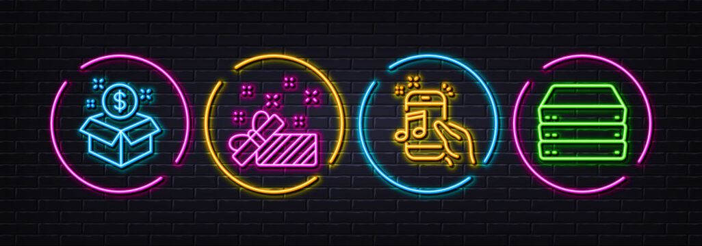 Music Phone, Present And Post Package Minimal Line Icons. Neon Laser 3d Lights. Servers Icons. For Web, Application, Printing. Radio Sound, Gift, Postbox. Big Data. Neon Lights Buttons. Vector