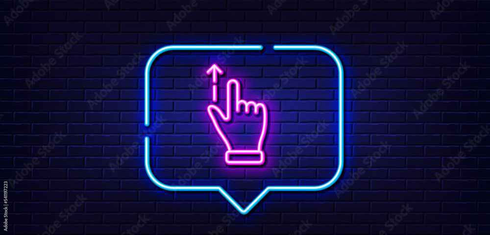Poster neon light speech bubble. touchscreen gesture line icon. slide up arrow sign. swipe action symbol. n