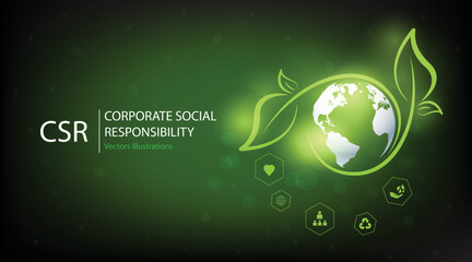 CSR concept design.Corporate social responsibility and giving back to the community on a green background.modern business concept.