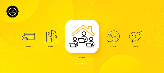 Fototapeta na wymiar Payment method, Update time and Flags minimal line icons. Yellow abstract background. Male female, Work home icons. For web, application, printing. Vector