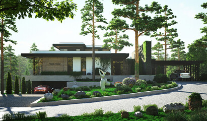 Fototapeta premium 3D visualization of a modern house on a relief in the forest. House in a beautiful location. Modern house architecture