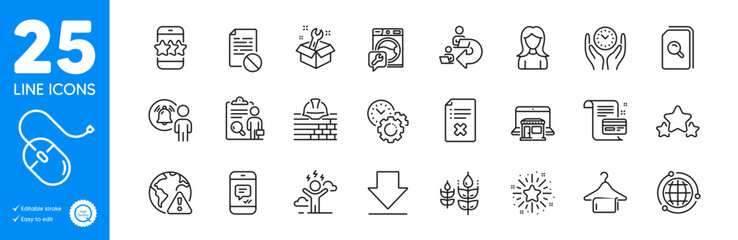 Outline icons set. Inspect, Message and Payment card icons. Star, Reject file, Woman web elements. Computer mouse, Downloading, Delegate work signs. Stars, Difficult stress, Internet warning. Vector