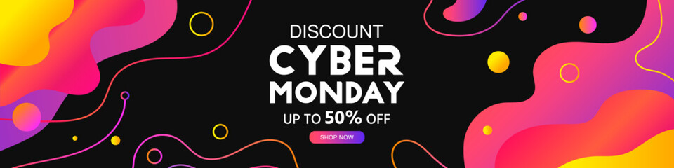 Cyber Monday sale discount promotion banner, poster. Modern background with abstract flowing elements and dynamic geometric shapes. Final sale up to 50% off. Banner template, vector illustration  