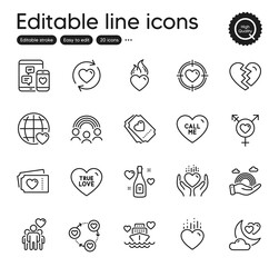 Set of Love outline icons. Contains icons as Heart flame, Heart and Social media elements. Inclusion, Lgbt, Honeymoon cruise web signs. Genders, Call me, Update relationships elements. Vector