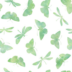 butterflies and dragonflies drawn in watercolor, collected for design in a seamless pattern