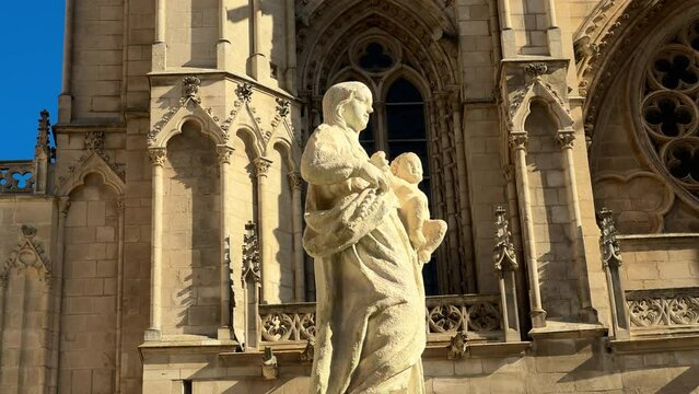 Virgin Mary with the Child, statue and fountain next to Burgos Cathedral, UNESCO World Heritage Site in Spain. High quality 4k footage.