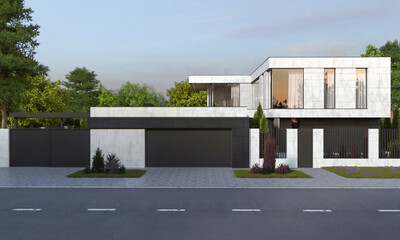 3D visualization of a modern villa with a courtyard, panoramic windows and a large terrace. flat roof house