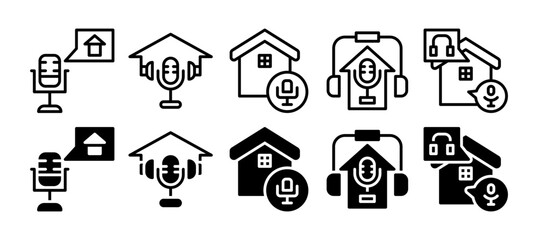 podcast house icon set. vector illustration with line and solid style