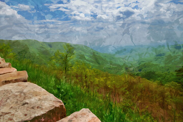 Fototapeta na wymiar Digitally created watercolor painting of view of mountain top vista in Shenandoah National Park on Skyline Drive
