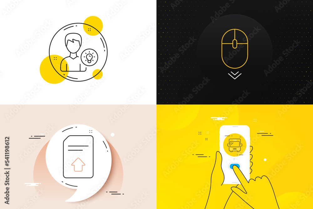 Poster minimal set of scroll down, person idea and bus line icons. phone screen, quote banners. upload file