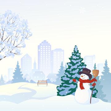 Vector drawing of a cute greeting snowman in the snow covered city park, winter background for a Christmas card