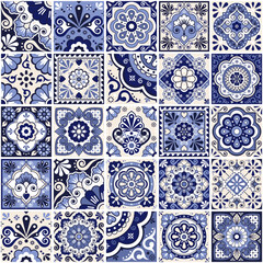 Mexican tiles seamless vector pattern - big set of navy blue talavera inspired designs perfect for wallpapers, home decor, textiles or fabric prints
- 541198818