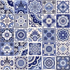 Gordijnen Mexican tiles seamless vector pattern - big set of navy blue talavera inspired designs perfect for wallpapers, home decor, textiles or fabric prints  © redkoala