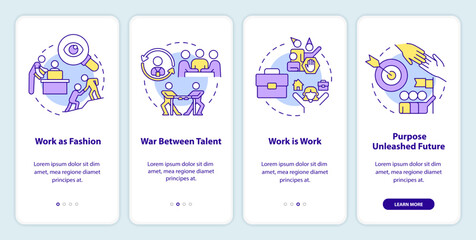 Fototapeta premium Worker-employer relations development onboarding mobile app screen. Walkthrough 4 steps editable graphic instructions with linear concepts. UI, UX, GUI template. Myriad Pro-Bold, Regular fonts used