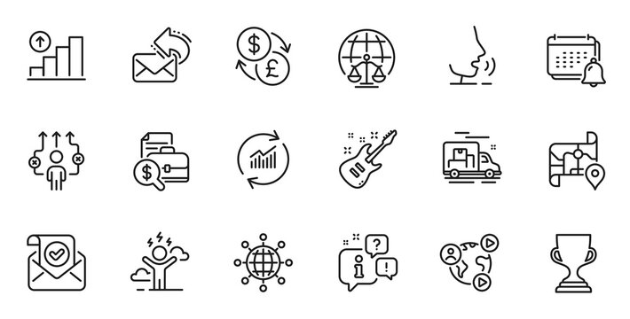 Outline set of Share mail, Award cup and Video conference line icons for web application. Talk, information, delivery truck outline icon. Vector