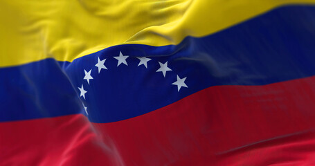 Close-up view of Venezuela national flag waving in the wind