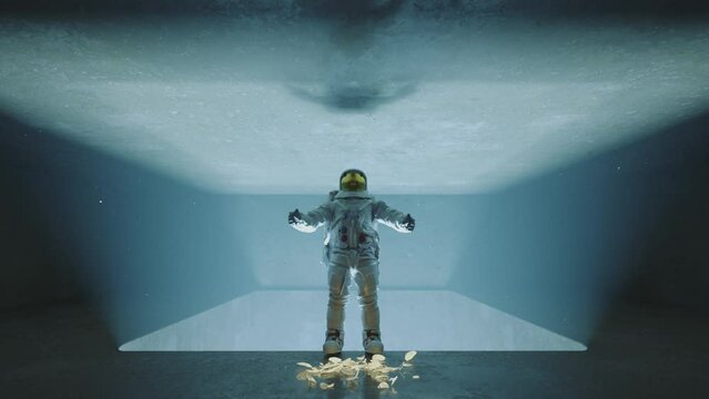 Astronaut spreading arms and falling down into a brightly lit pit. Space station or spaceship interior. Slow motion.
