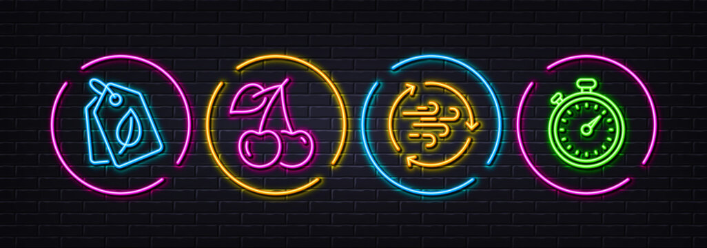 Wind energy, Cherry and Bio tags minimal line icons. Neon laser 3d lights. Timer icons. For web, application, printing. Breeze power, Fresh fruit, Leaf. Stopwatch gadget. Neon lights buttons. Vector