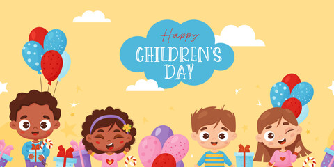 Obraz na płótnie Canvas Happy childrens day. Seamless border with cute cartoon kids. Black and white boys and girls with gifts and balloons on yellow background. Vector illustration. horizontal banner template for design.