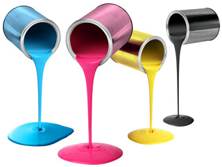 Metal tin cans pouring flowing cyan magenta yellow black fluid paint isolated