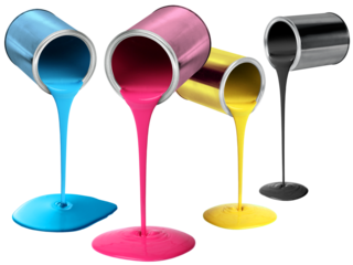 Metal tin cans pouring flowing cyan magenta yellow black fluid paint isolated
