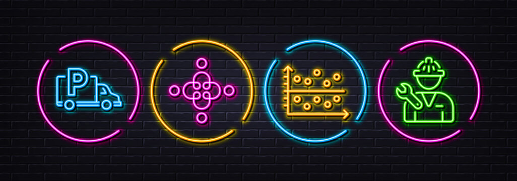 Inclusion, Dot plot and Truck parking minimal line icons. Neon laser 3d lights. Repairman icons. For web, application, printing. Equity justice, Presentation graph, Free park. Repair service. Vector