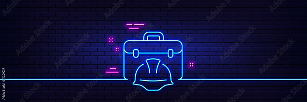 Wall mural neon light glow effect. construction toolbox line icon. architect portfolio sign. engineer case symb