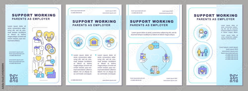 Wall mural Support working parents blue brochure template. Family-friendly. Leaflet design with linear icons. Editable 4 vector layouts for presentation, annual reports. Arial, Myriad Pro-Regular fonts used