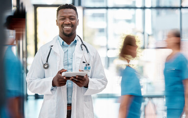 Black man, doctor and healthcare, hospital and tablet for communication with technology and digital...