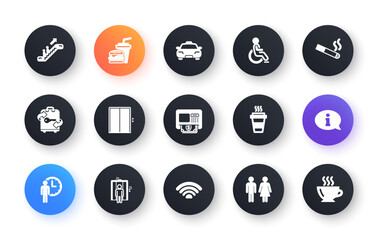 Public services icons. Elevator, Taxi and Wifi internet. Fast food classic icon set. Circle web buttons. Vector