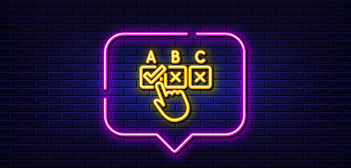 Neon light speech bubble. Correct checkbox line icon. Select answer sign. Business test symbol. Neon light background. Correct checkbox glow line. Brick wall banner. Vector