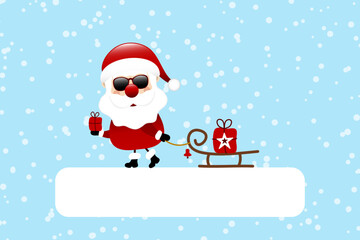 Gutschein Weihnachtsmann Sonnenbrille Mit Schlitten Schnee Blau Dunkelrot