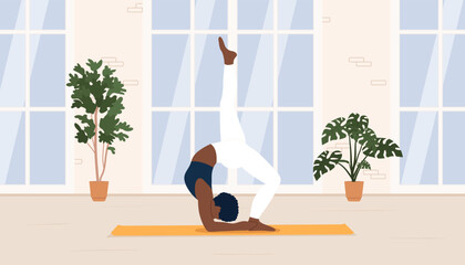 Young beautiful woman demonstrating chakrasana yoga pose in yoga studio or apartment. Vector illustration