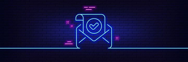 Neon light glow effect. Confirmed mail line icon. Approved email letter sign. Verified correspondence symbol. 3d line neon glow icon. Brick wall banner. Confirmed mail outline. Vector