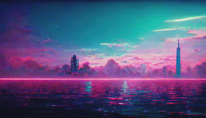 Abstract Retro futuristic  sci-fi synthwave landscape in space with stars. Vaporwave stylized illustration for EDM music video, videogame intro. Ai generated. - obrazy, fototapety, plakaty