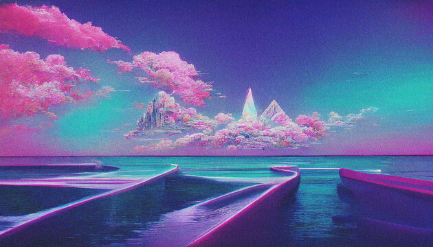 Abstract Retro futuristic  sci-fi synthwave landscape in space with stars. Vaporwave stylized illustration for EDM music video, videogame intro. Ai generated.