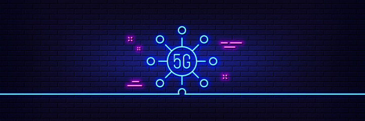 Neon light glow effect. 5g technology line icon. Wifi wireless network sign. Mobile data transmission symbol. 3d line neon glow icon. Brick wall banner. 5g technology outline. Vector
