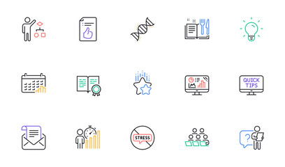 Business statistics, Chemistry dna and Ranking stars line icons for website, printing. Collection of Algorithm, Search employee, Teamwork icons. Recipe book, Calendar graph. Vector