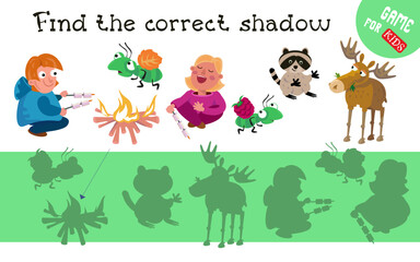 Find the right shadow. Cute animals, children with marshmallows by the fire in the woods. Educational puzzle game for preschoolers. Activity, vector illustration.