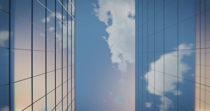 Modern glass skyscrapers, view from below looking up on clear sky with some clouds and reflections on windows, clean copyspace. 3d rendering